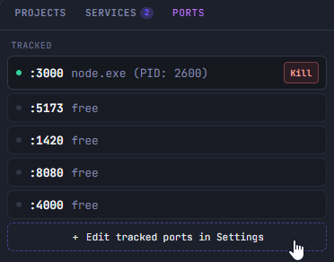 The Ports panel, listing tracked ports with the process holding each one and a Kill button.