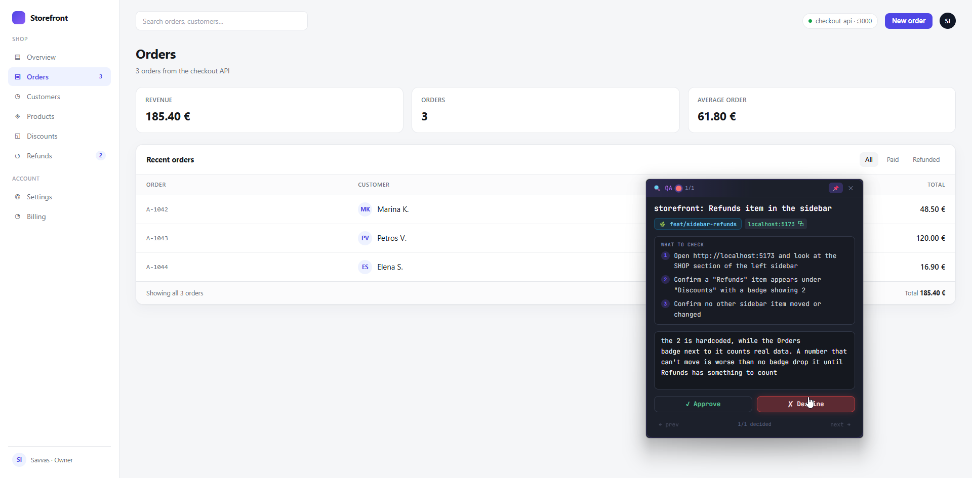 The QA window over a running app, listing what to check, with a typed note and Approve and Decline buttons.