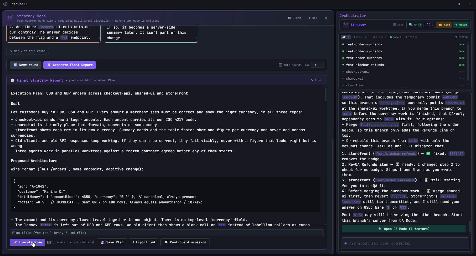 The finished Execution Plan, with the exact JSON the API should return, and buttons to save, export or execute it.