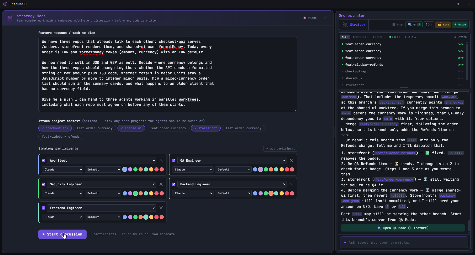 Strategy Mode setup: the request, the projects attached as context, and five participants with roles.