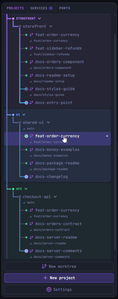 The projects sidebar: three repositories, each with its main branch and the worktrees agents are working in.